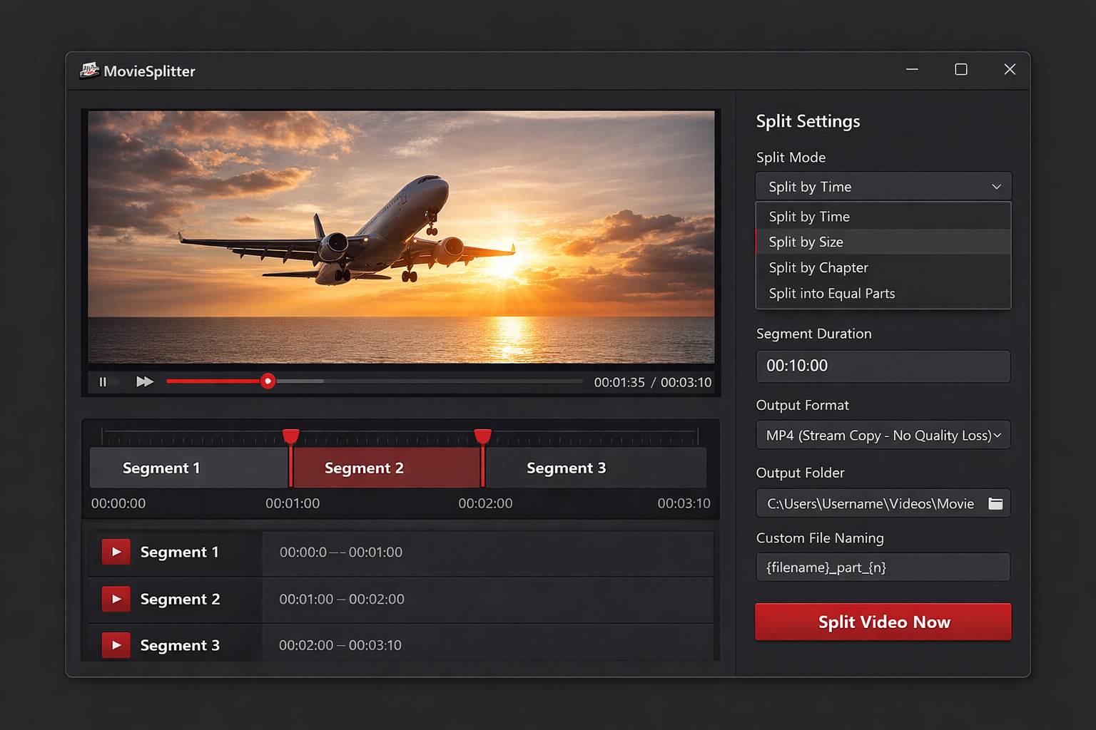 Movie Splitter showing a video timeline with split markers dividing the footage into three segments on the left and the split settings panel on the right